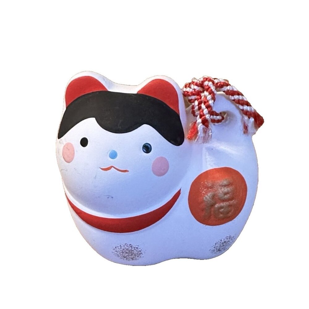 Vintage Japanese Clay Bell Dorei Lucky Inu Hariko Ceramic Amulet Cat Hand Paint